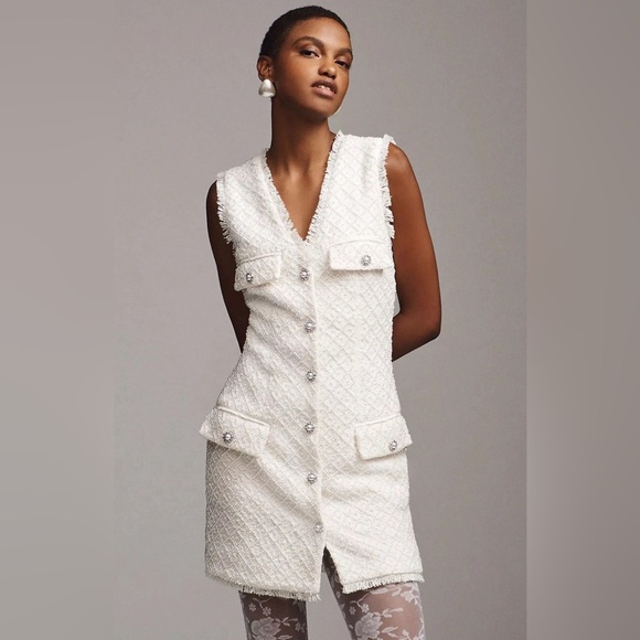 BHLDN Anthropologie Sleeveless Tweed Dress Pearl Embellished Fringed Party M - Picture 1 of 10